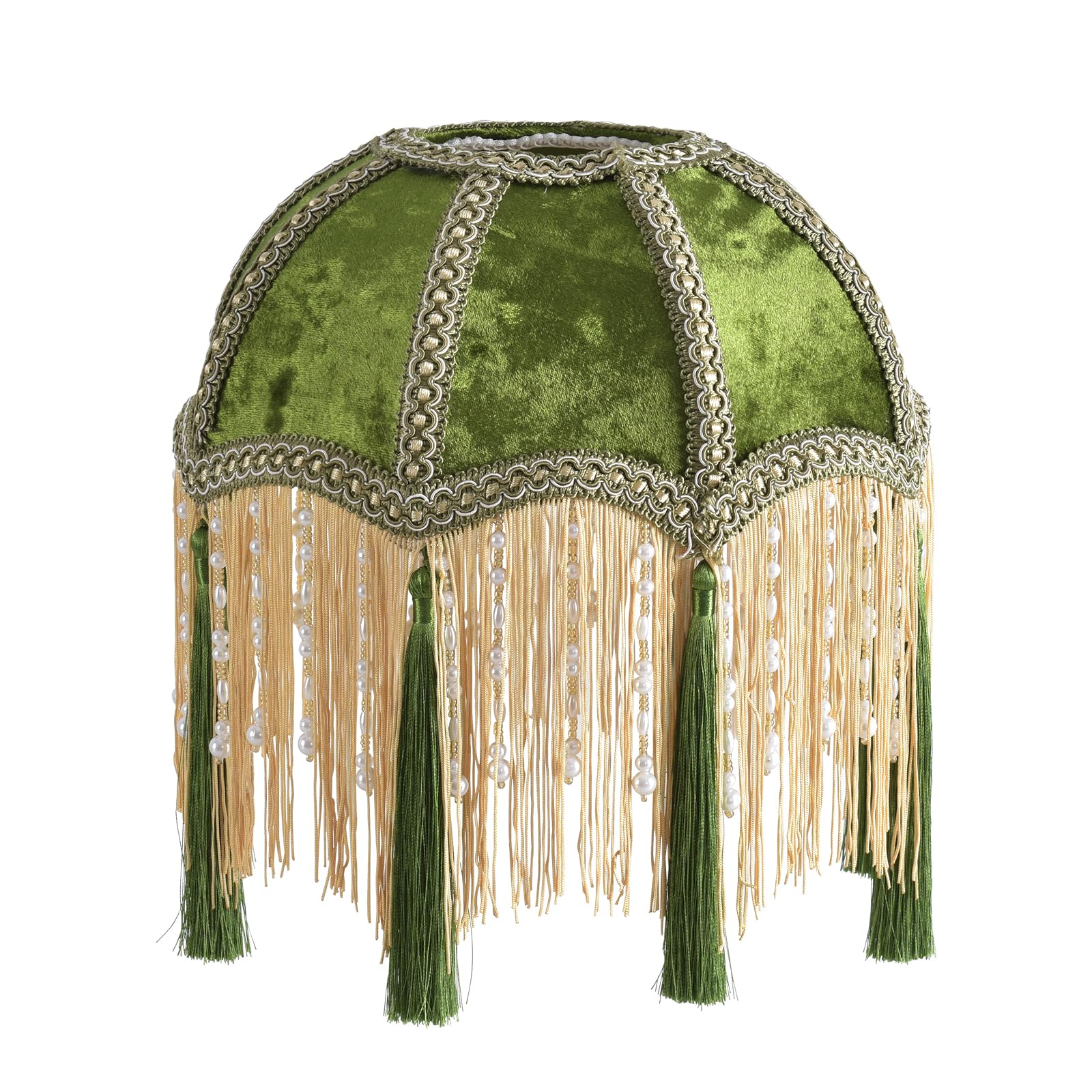 Xiaojuande Green Olive Tassel Lampshade, Victorian Gold 25Cm Velvet Top, Scalloped Bell Lampshade Replacement (Olive Green)