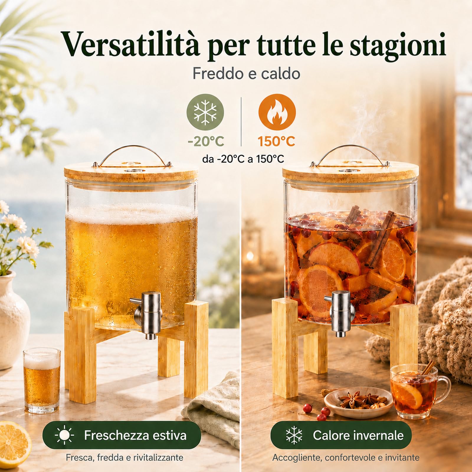 Dispenser di bevande in vetro da 5 l, contenitore per limonate con rubinetto in acciaio inox e supporto in bambù, senza BPA, ideale per feste di famiglia, feste di compleanno, campeggio all'aperto