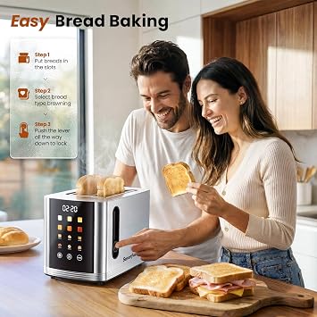 Toaster 2 Slice Touch Screen, Smart Toaster Wide Slot, Full Stainless Steel