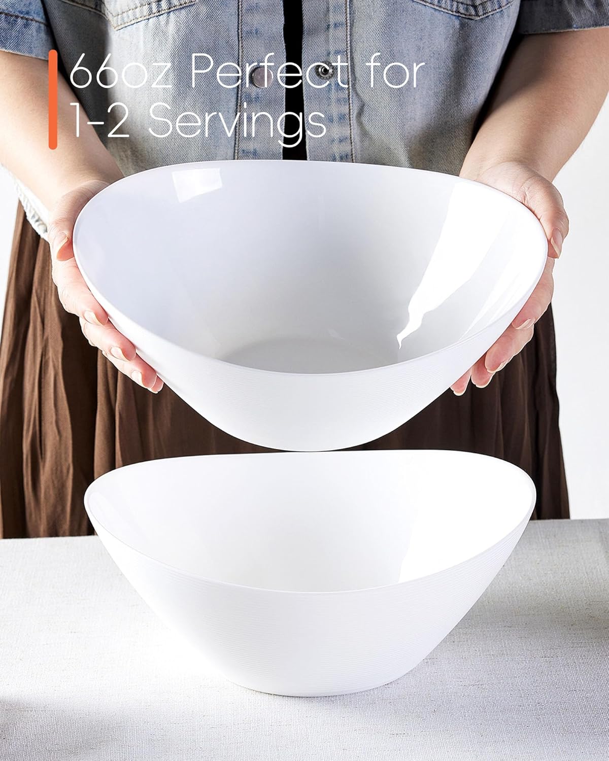 66 OZ Salad Bowl Set of 2, Opal Glass 10 inch Lightweight Serving Dishes for Salad, Fruit, Kitchen Microwave & Dishwasher Safe, Oval Shape White - Image 4
