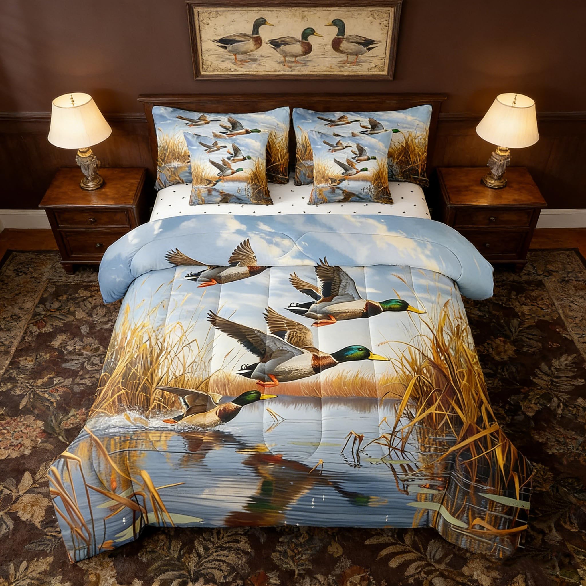 Parure de lit cabine de pêche pour grand lit 7 pièces motif canard colvert oiseaux sauvages