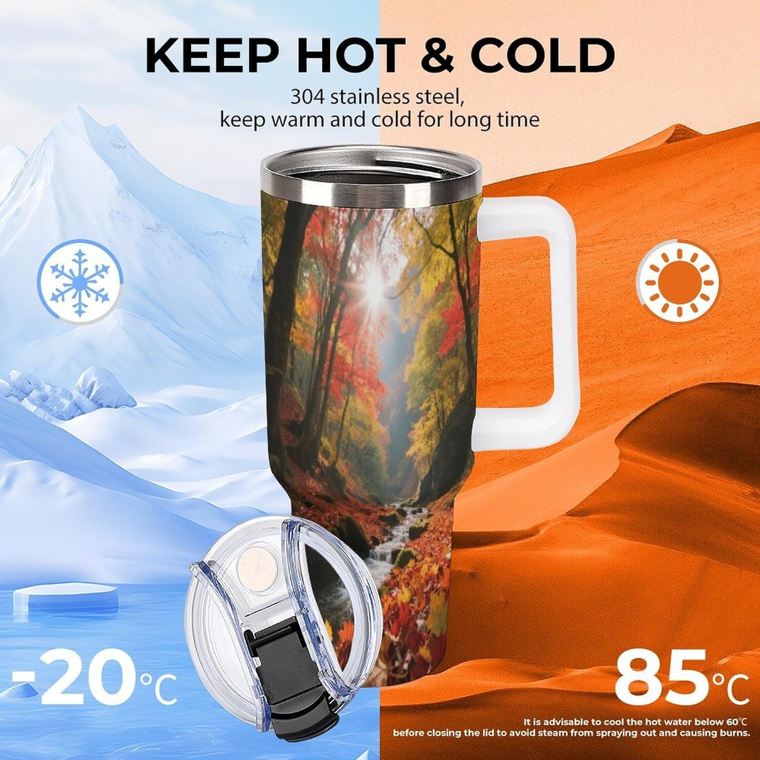 Travel Coffee Mug 40OZ Thermo Cups Thermos Cup Drink Cups Forest Fallen Leaves Thermos with Cup with Handle Lid And Straw Suitable for Gifts Parties Offices Traveling