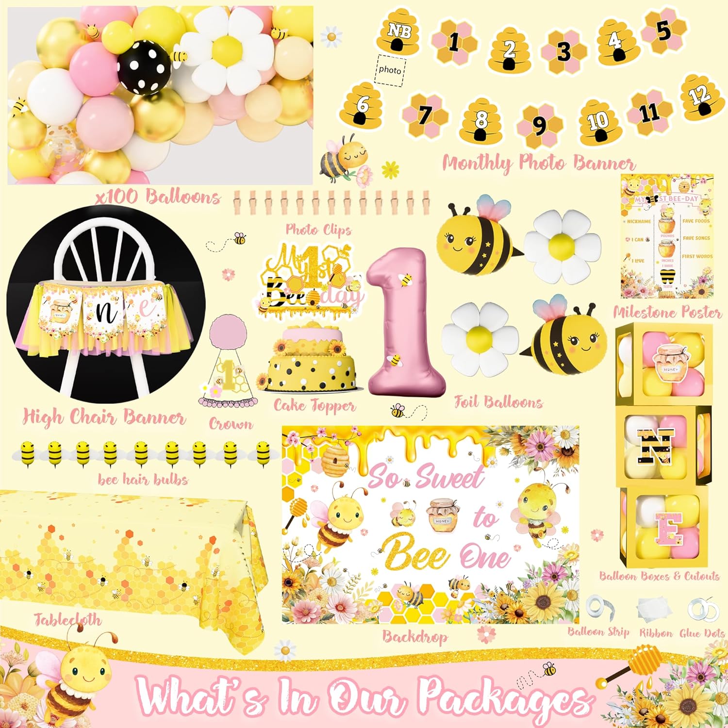 Bee 1st Birthday Party Decorations for Girl, Yellow Pink Honey Bee Themed Party Supplies, Bumble Bee My 1st Bee Day Party So Sweet to Bee One Backdrop Balloon Arch Banner for First Birthday Girl Decor
