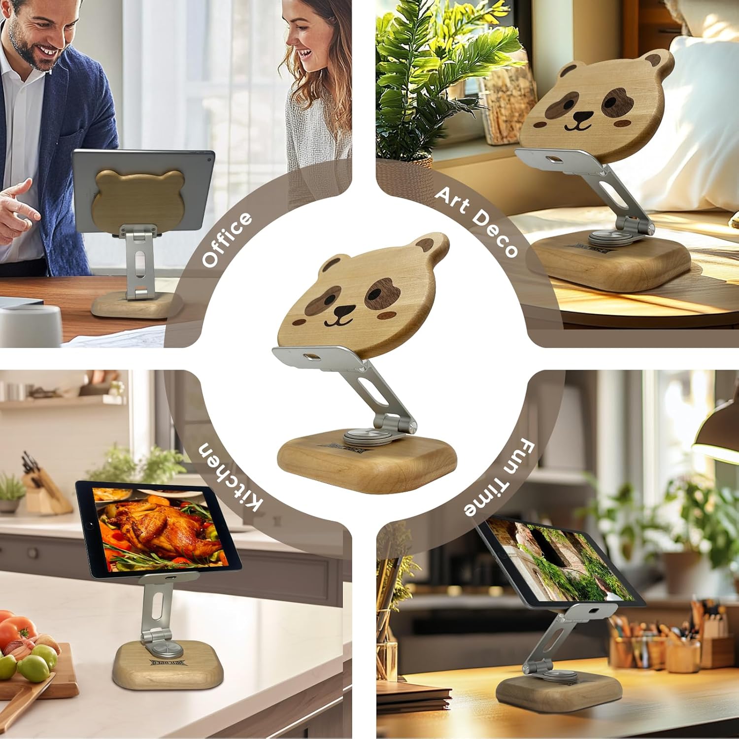 Solid Wood Tablet Stand, Tablet Holder for iPad, 360° Rotating iPad Holder Art Design, Heavy Duty Adjustable Base for Office, Home & Travel (Panda)