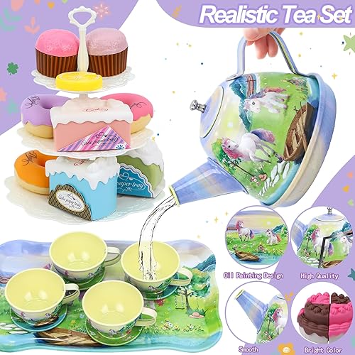 Miniatura 4 de Juego de fiesta de té para niñas pequeñas, 50 piezas, princesa, caballo, tiempo de té, juguete que incluye golosinas para jugar, bandeja de tetera