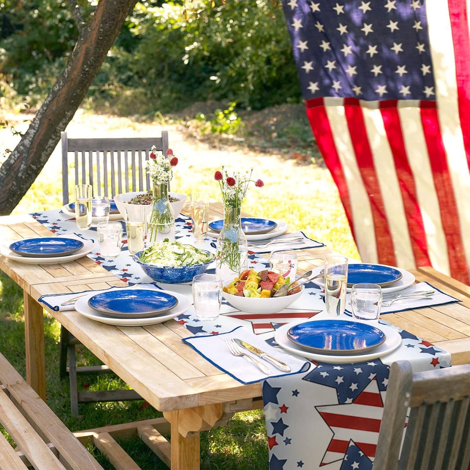 Independence Day Table Runner 120 Inches Long Farmhouse Burlap Table Runners Dresser Scarf Independence Day Patriot Pentagram American Flag Blue Linen Decoration for Party Dinner Kitchen 13"x120"
