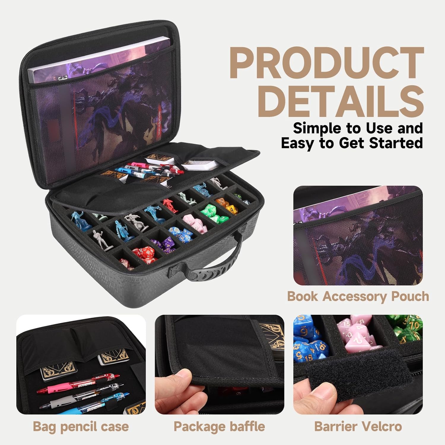 Dice Tray Case for DND Dice Set, Miniature carrying case Compatible with Dungeons and Dragons Miniatures, Minature Figurine Storage Case for RPG for MTG Tabletop Game Collections (Black)