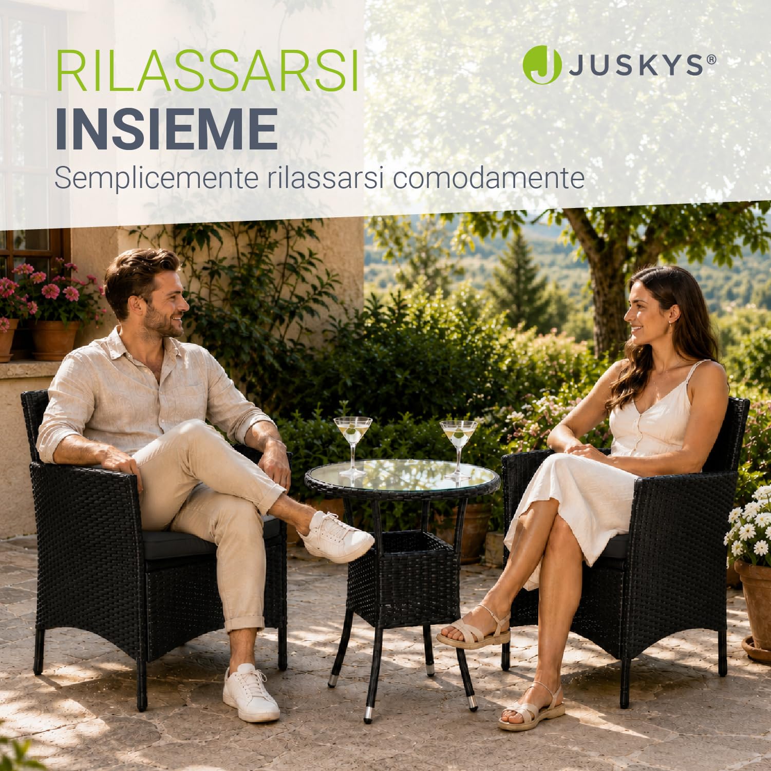 Juskys Polyrattan Set da balcone Bayamo 2 persone - Tavolo con piano in vetro & 2 sedie - Mobili da balcone resistenti alle intemperie - Cuscini lavabili - nero - grigio