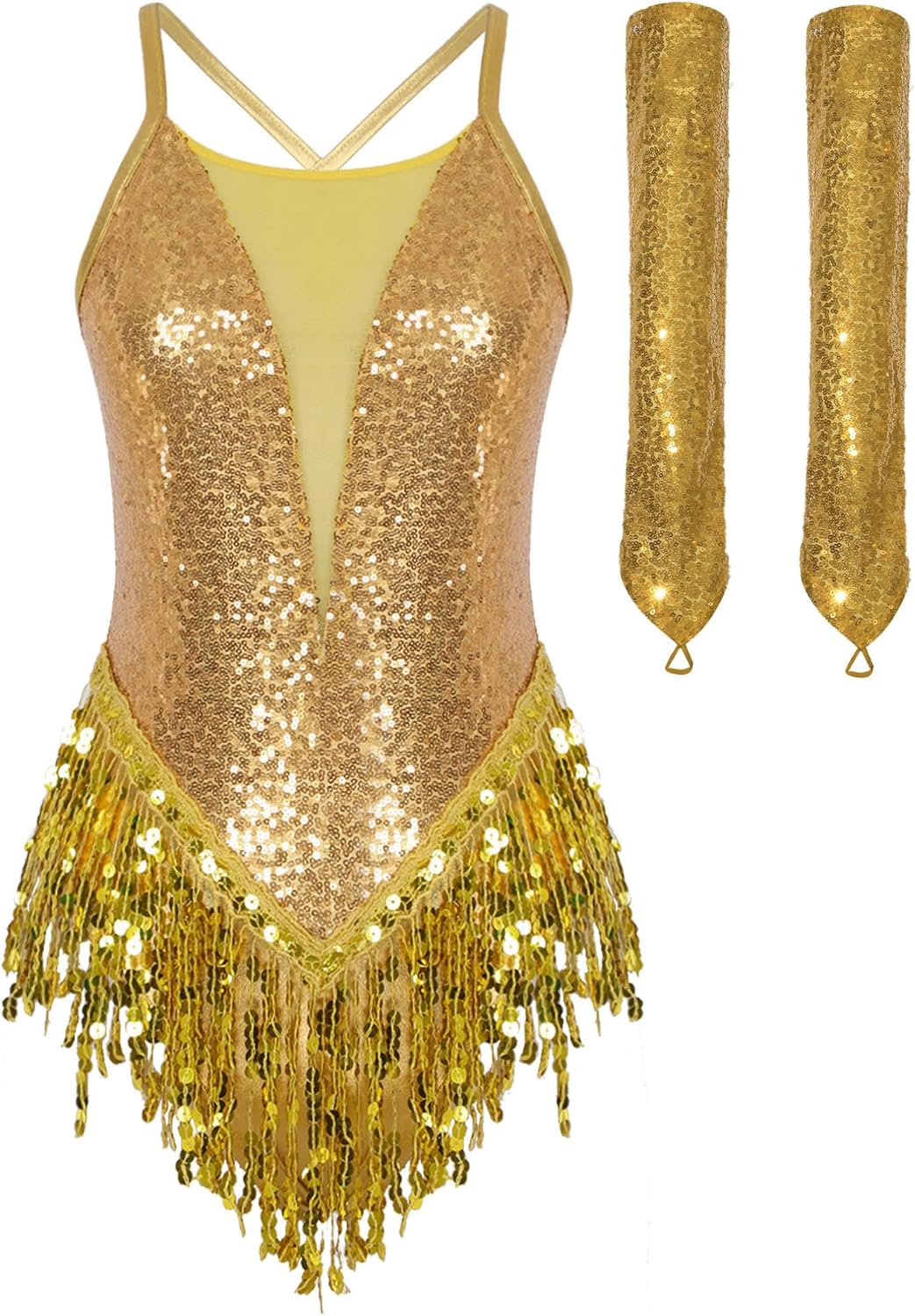 JEATHA Latin Dance Costume for Women Fringe Samba Dress Sequin Tassel Leotard with Sequin Long Gloves