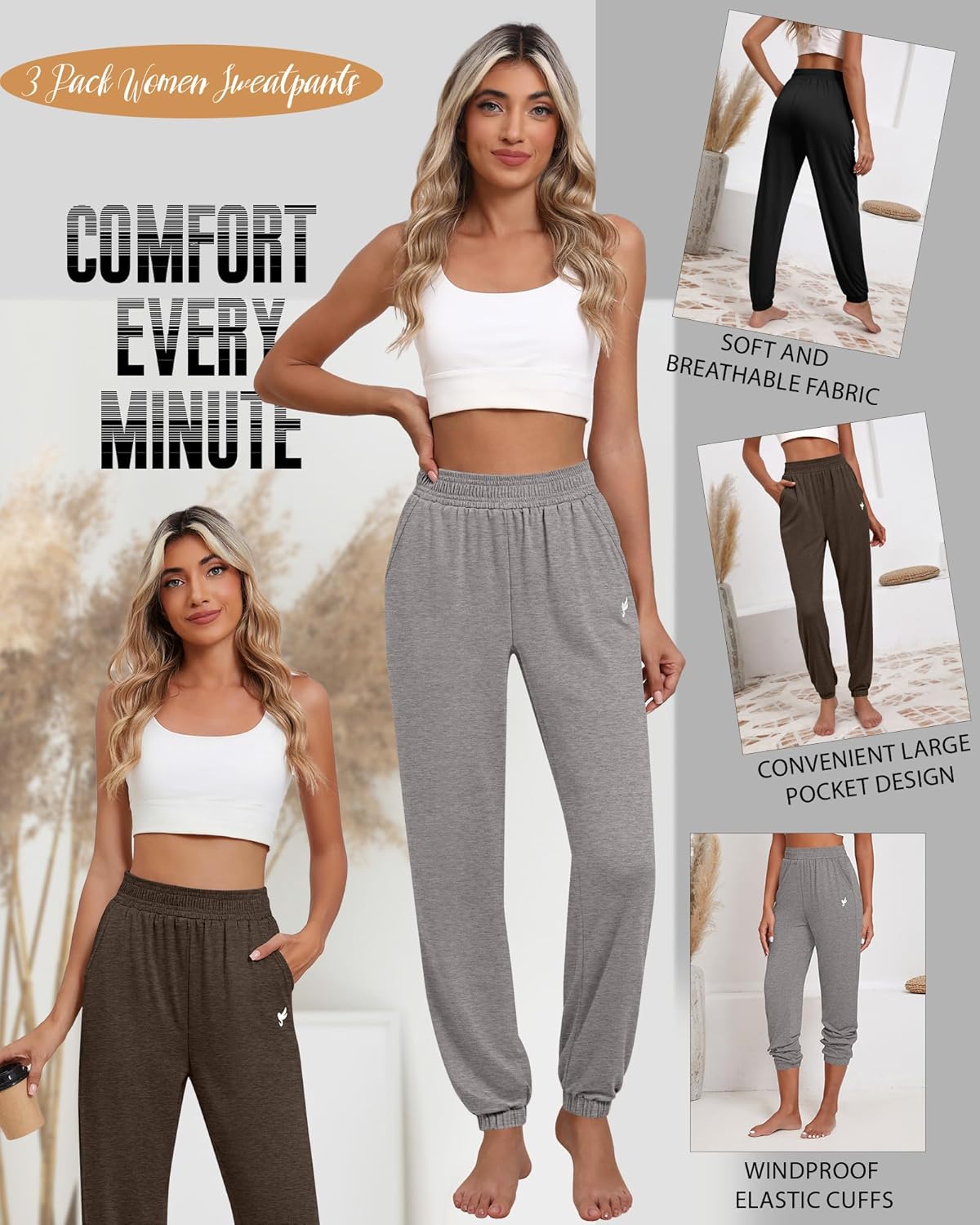 Ficerd 3 Pack Women's Sweatpants Loose Fit Joggers Elastic Tapered Leg Pants Athletic Baggy Lounge Trousers with Pockets - Image 4