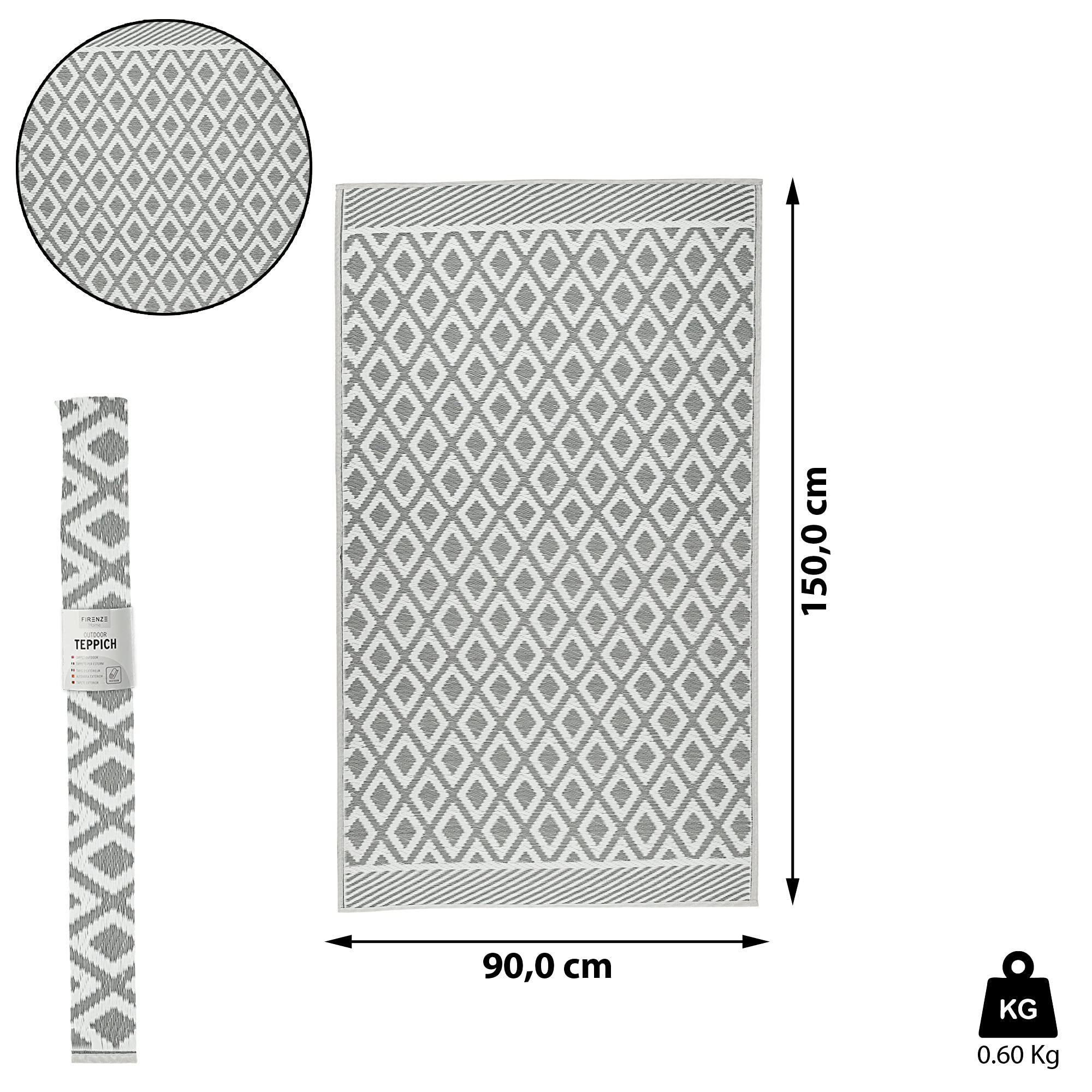 Cepewa Tapis d'extérieur 90 x 150 cm - En plastique gris et blanc - Tapis de sol pour l'extérieur (1 tapis gris/blanc)