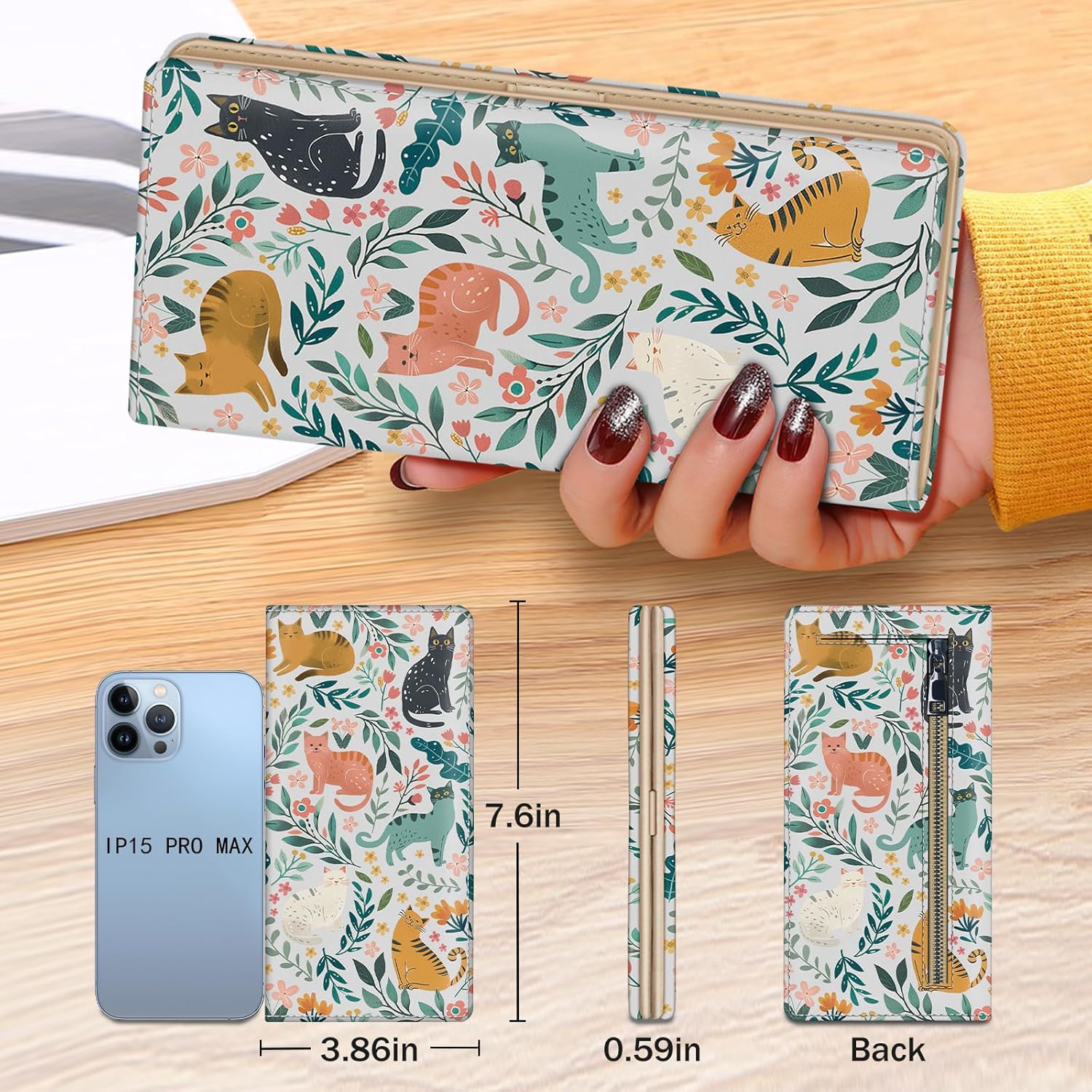 Immaturus Womens Wallet, Cat Leaf Slim Thin RFID Blocking Credit Card Wallets, Long Bifold PU Leather Card Holder Organizer, Cute Cash Clutch Billfold with Zipper Coin Pocket Ladies Girls Gift - Image 6