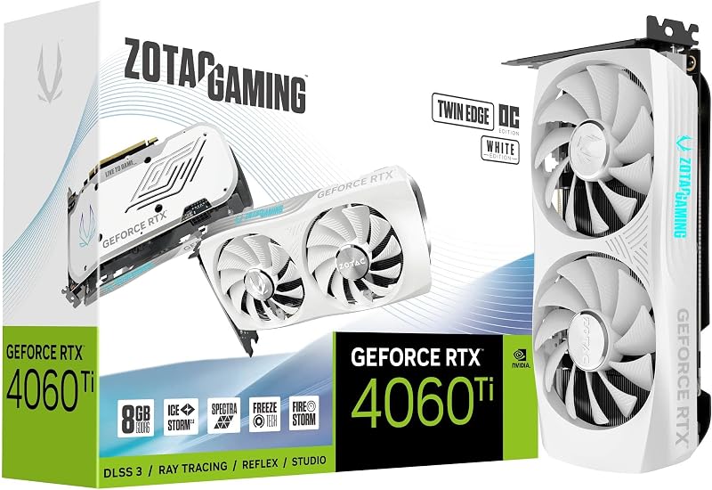 Gaming GeForce RTX 4060 Ti 8GB Twin Edge OC White Edition DLSS 3 8GB GDDR6 128-bit 18 Gbps PCIE 4.0 Compact Graphics Card, IceStorm 2.0 Advanced Cooling, Spectra RGB Lighting, ZT-D40610Q-10M
