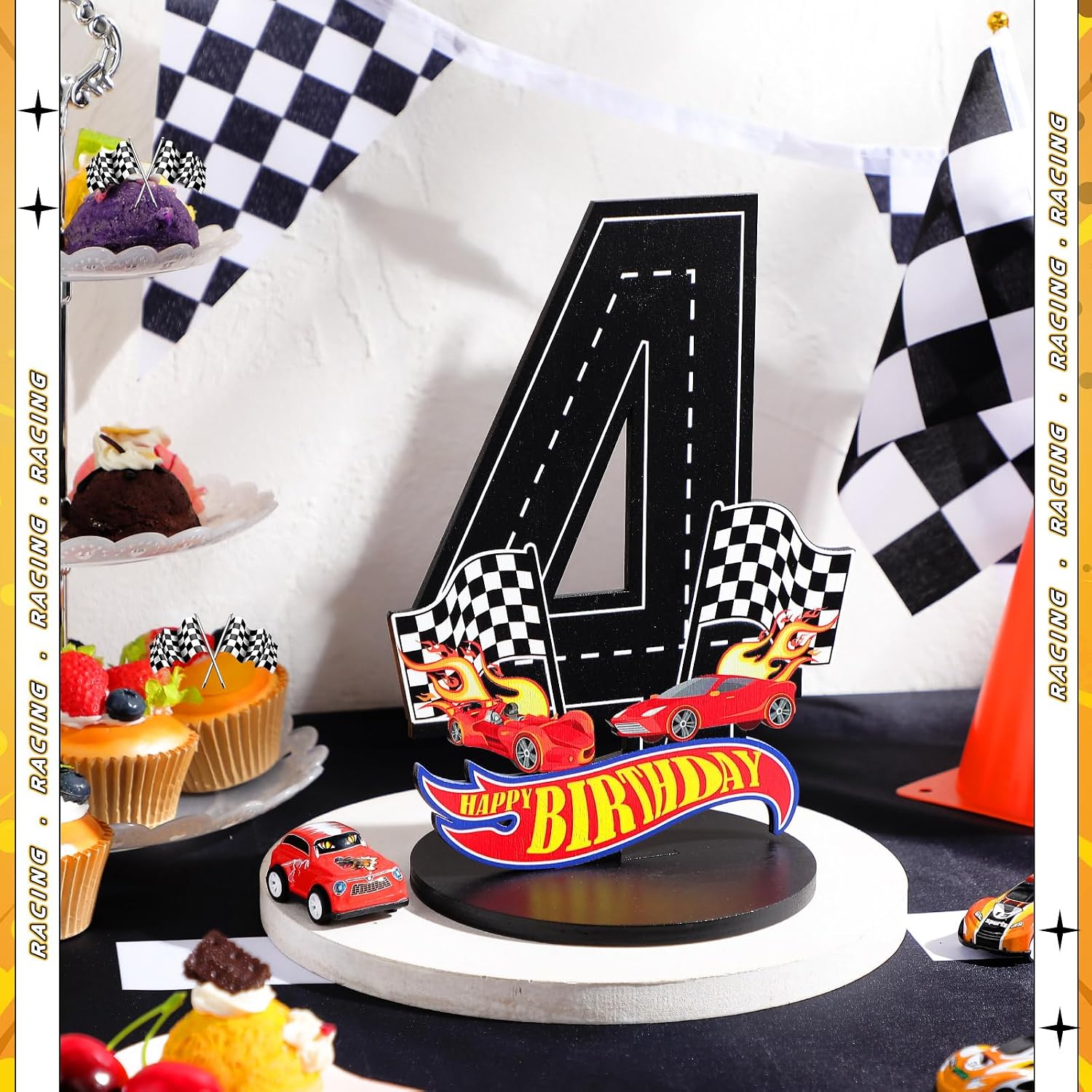 MiniInflat Race Car 4th Birthday Number Sign Centerpiece Race Car Theme 4th Birthday Party Supplies Wooden Table Decoration Photo Props for Boys Four Years Old