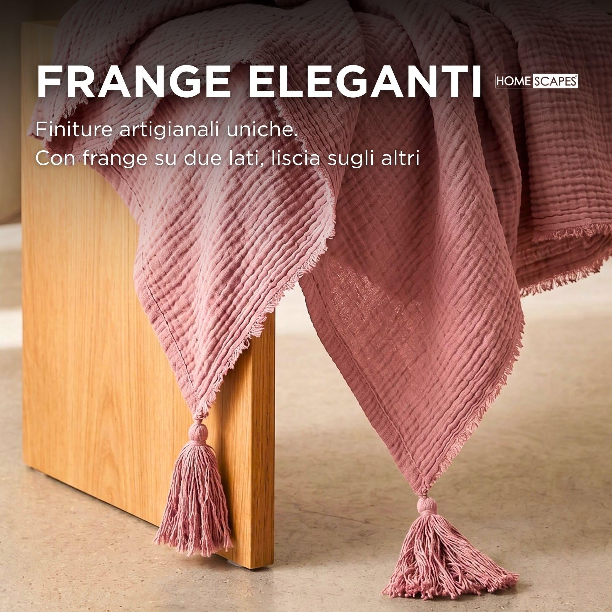 HOMESCAPES Plaid in garza di cotone, 127 x 180 cm, con nappine, coperta leggera e traspirante, 100% cotone, copridivano o letto, colore: rosa