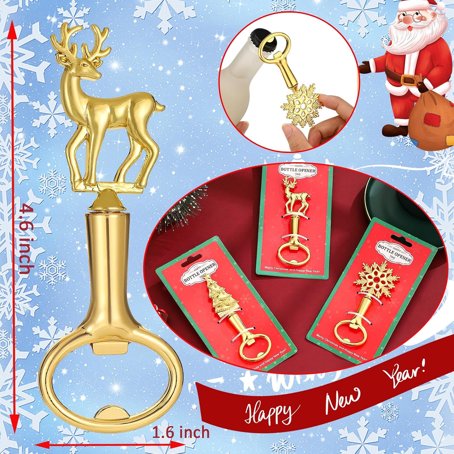 Set of 3 Christmas Bottle Openers,Beer Bottle Openers- Metal Decorative Christmas Bottle Opener with Deer Snowflake Tree Design for Winter Holiday Xmas Decoration(3, Golden Christmas Set)