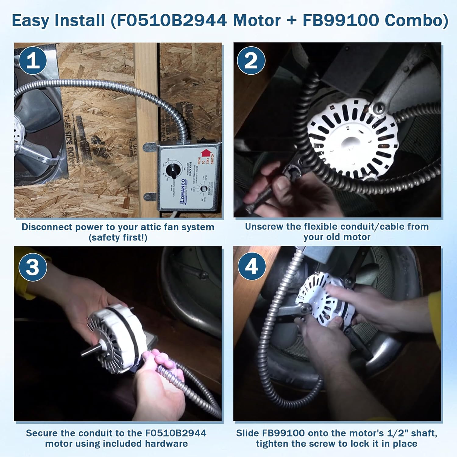 F0510B2944 Attic Ventilation Fan Motor & FB99100 12" Attic Fan Blade Propeller Replacement for Lomanco 2000/1800 Series F0510B2497 A0416B2059 3.4 Amp 1100 RPM 115V 5-Blade 32 Degree for 1/2" Shaft
