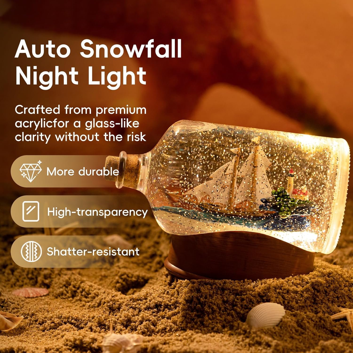 Snow Globe Lantern with Drift Bottle – Shatterproof Songs Musical Automatic Snowfall, Led Light, USB & Battery Powered, for Easter Day Gifts Birthday Home Decor Fall Decoration, Transparent