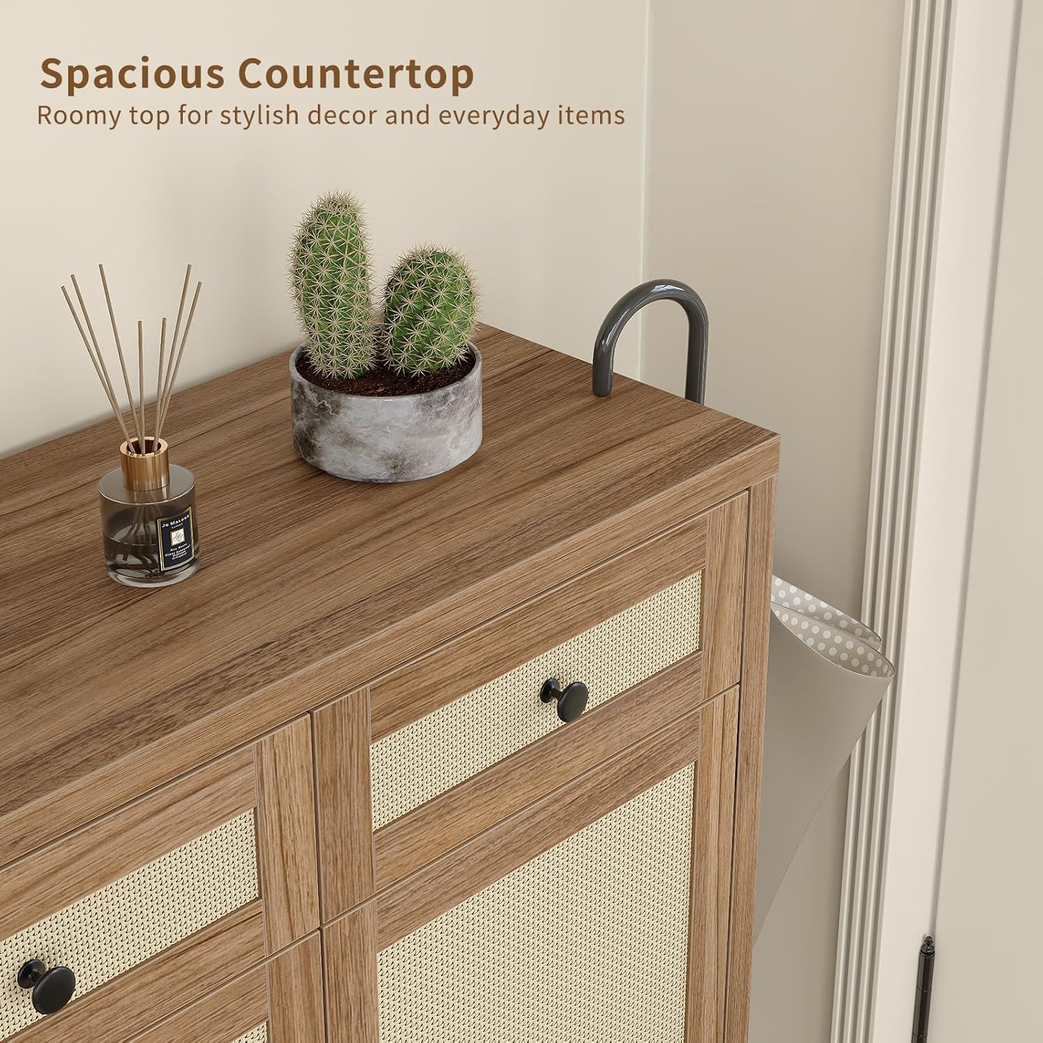 46" Rattan Shoe Cabinet with 4 Adjustable Shelves & 2 Storage Drawers, Modern Boho Shoe Organizer with Large Tabletop & Open Lower Shelf, Entryway Hallway Cabinet for Shoes and Boots, Walnut