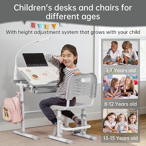 Miniatura 5 de Juego de escritorio y silla para niños, mesas de escritura de estudio escolar para niños con altura ajustable con escritorio inclinable, luz LED,