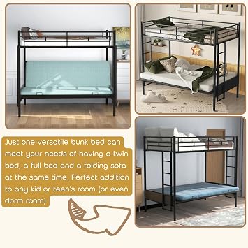 Twin Over Futon/Full Bunk Bed, Bed Frame with Sturdy Steel Frame, Convertible Metal Bunk Bed Couch and Bed with Guard Rail Ladder for Kids Adults Teens,Black