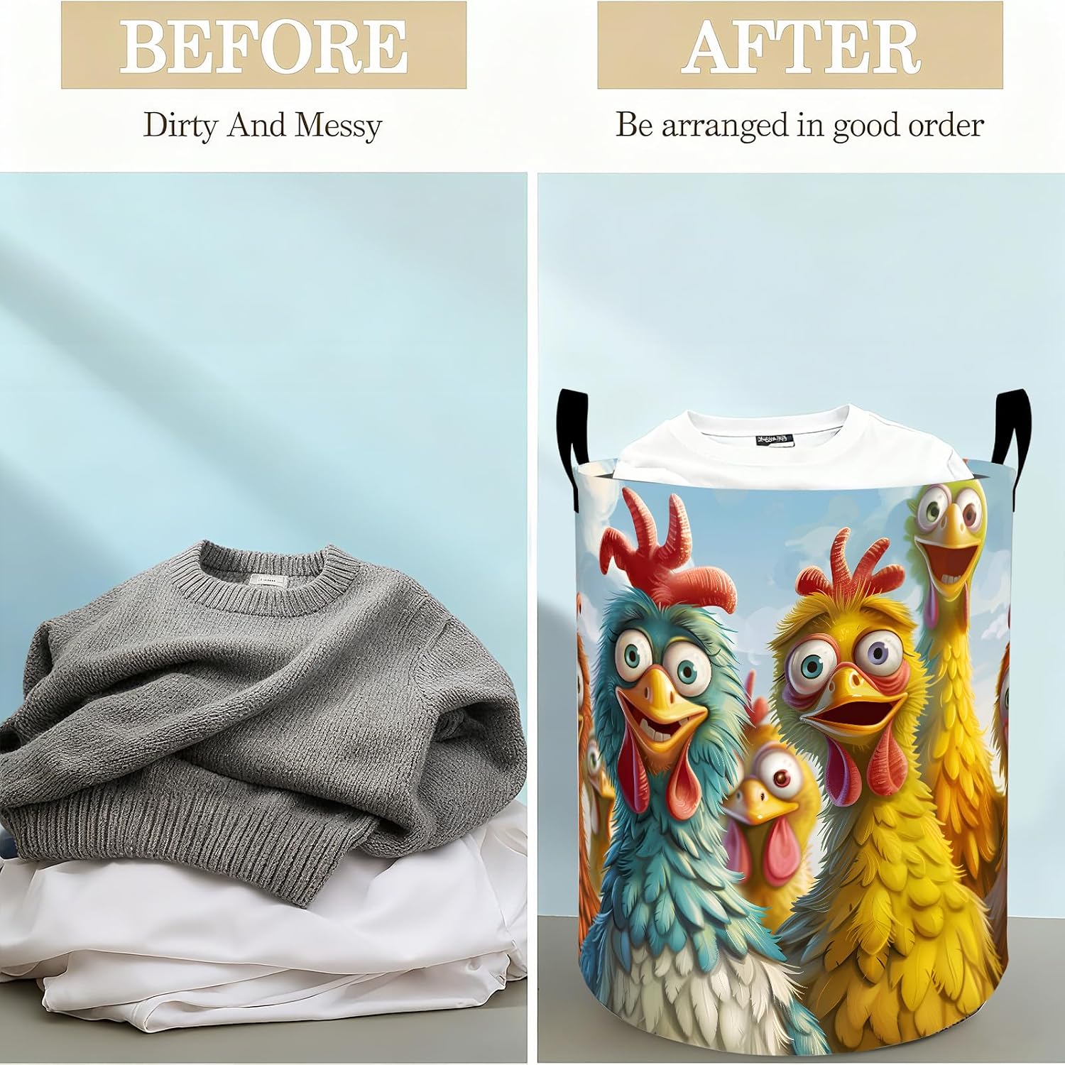 Funny Chicken Laundry Basket Hamper for Boys Girls Kids Adults, Foldable Waterproof Oxford Clothes Storage Bin, Colorful Cartoon Farm Animal Organizer for Bedroom Bathroom Room Decor 19.7"x15.8" image 3
