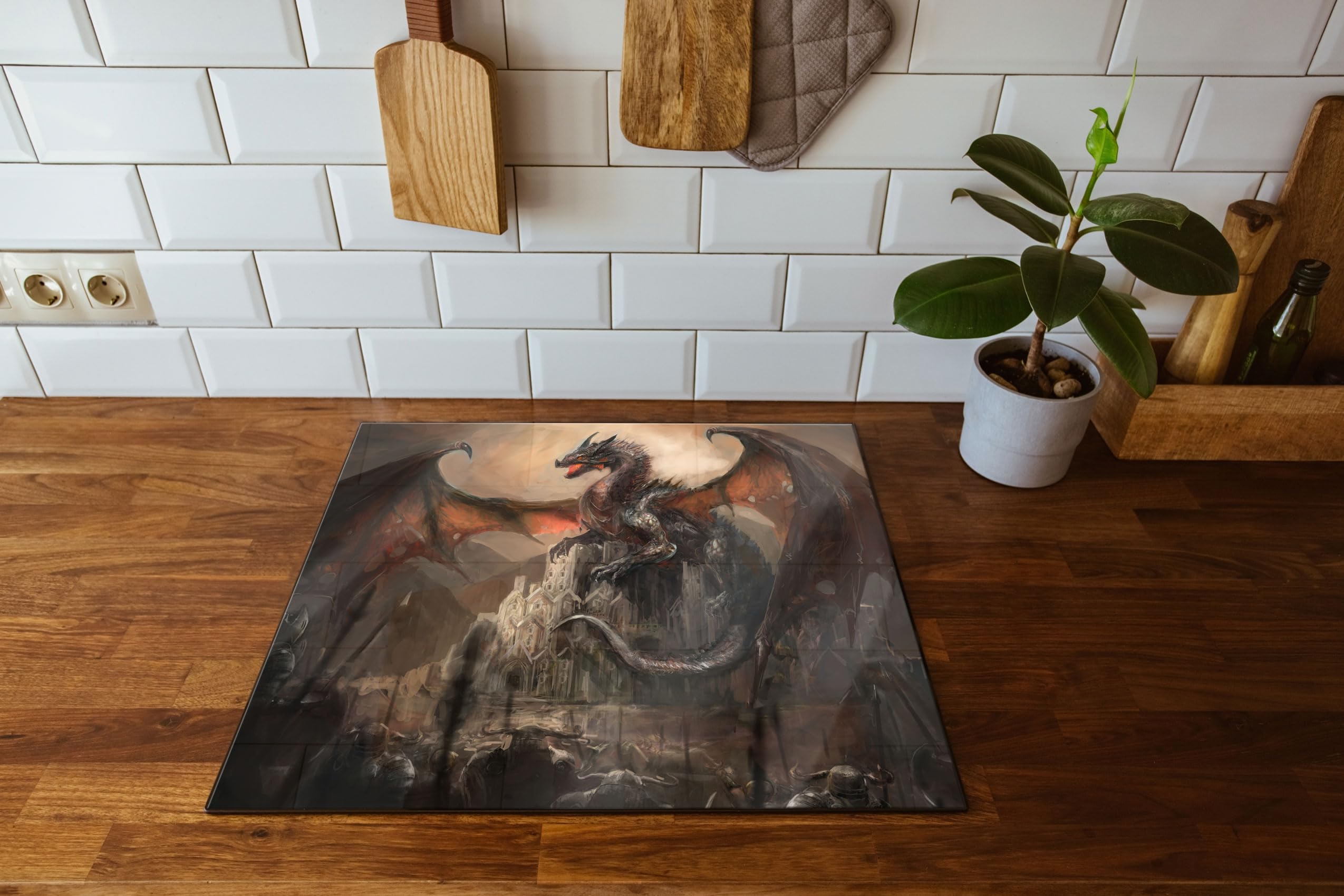 Drache schützend über Burg Herdabdeckplatte & Spritzschutz aus Echtglas | Für Herd-Kochfelder | 60x52 cm