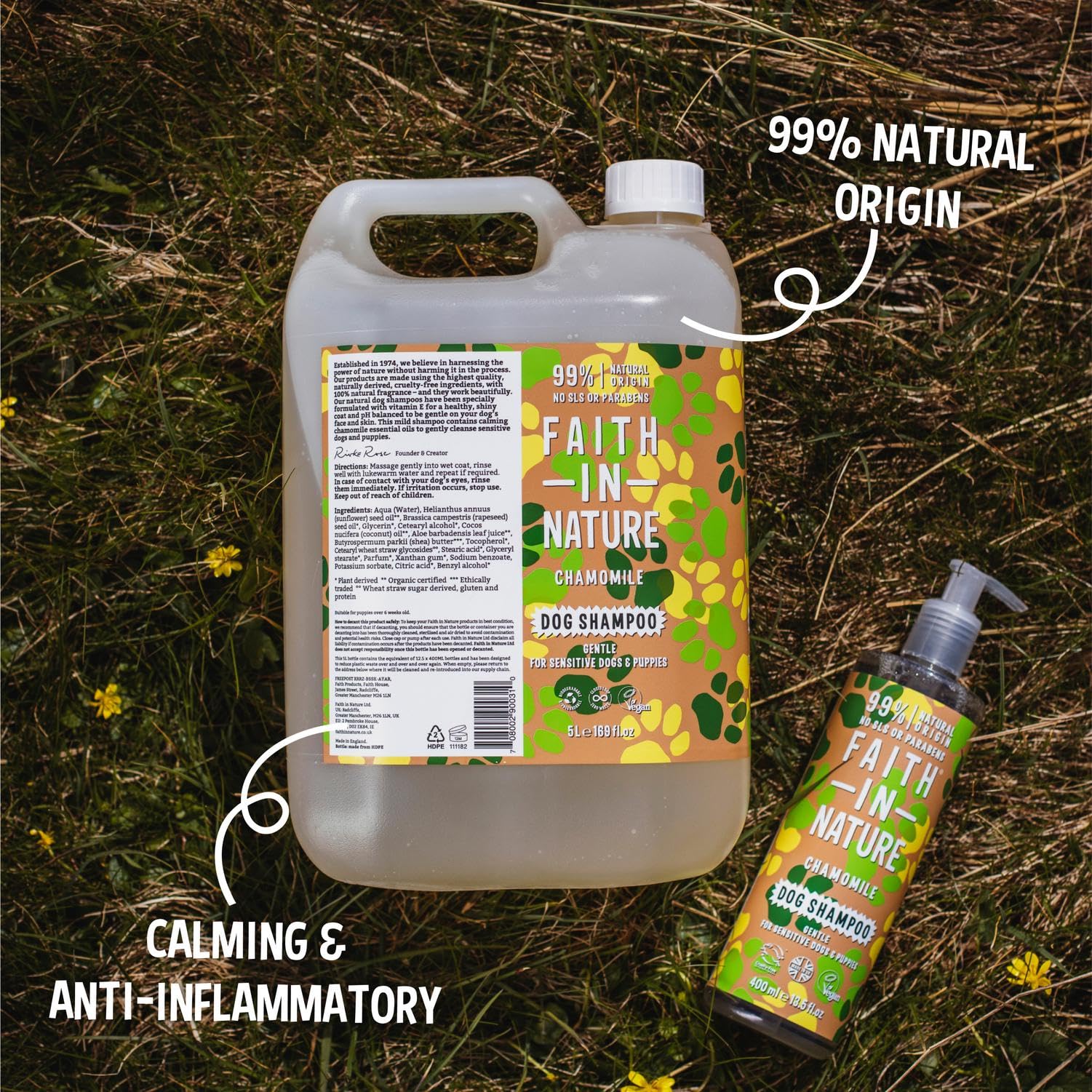 Faith In Nature Shampoing Naturel à la Camomille pour Chien, végétalien et sans cruauté Envers Les Animaux, sans SLS ni parabènes, Doux, pour Chiens et Chiots sensibles, Paquet de Recharge de 5 L