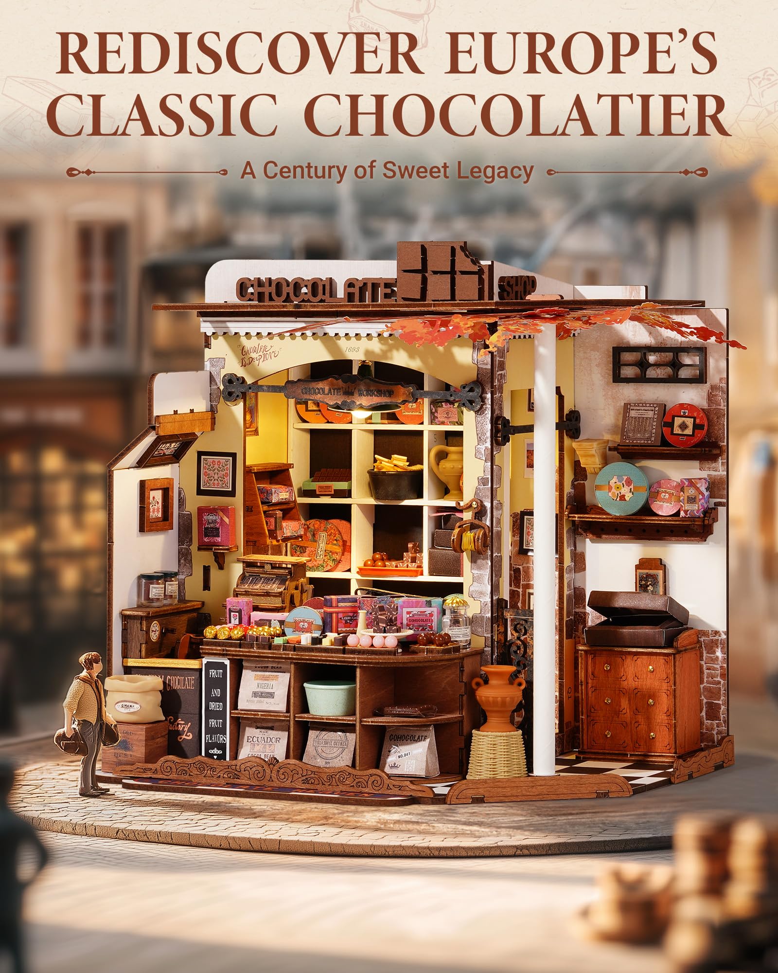ROBOTIME DIY Miniature House Kit Henry's Chocolate, Wooden Dollhouse Model Building Kit With LED and Furniture - Image 4