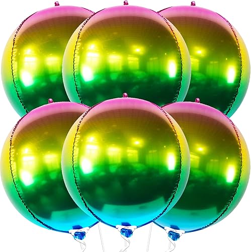 KatchOn, Globos metálicos degradados de 22 pulgadas, paquete de 6, globos redondos de arcoíris 4D de 360 grados, globo arcoíris degradado para