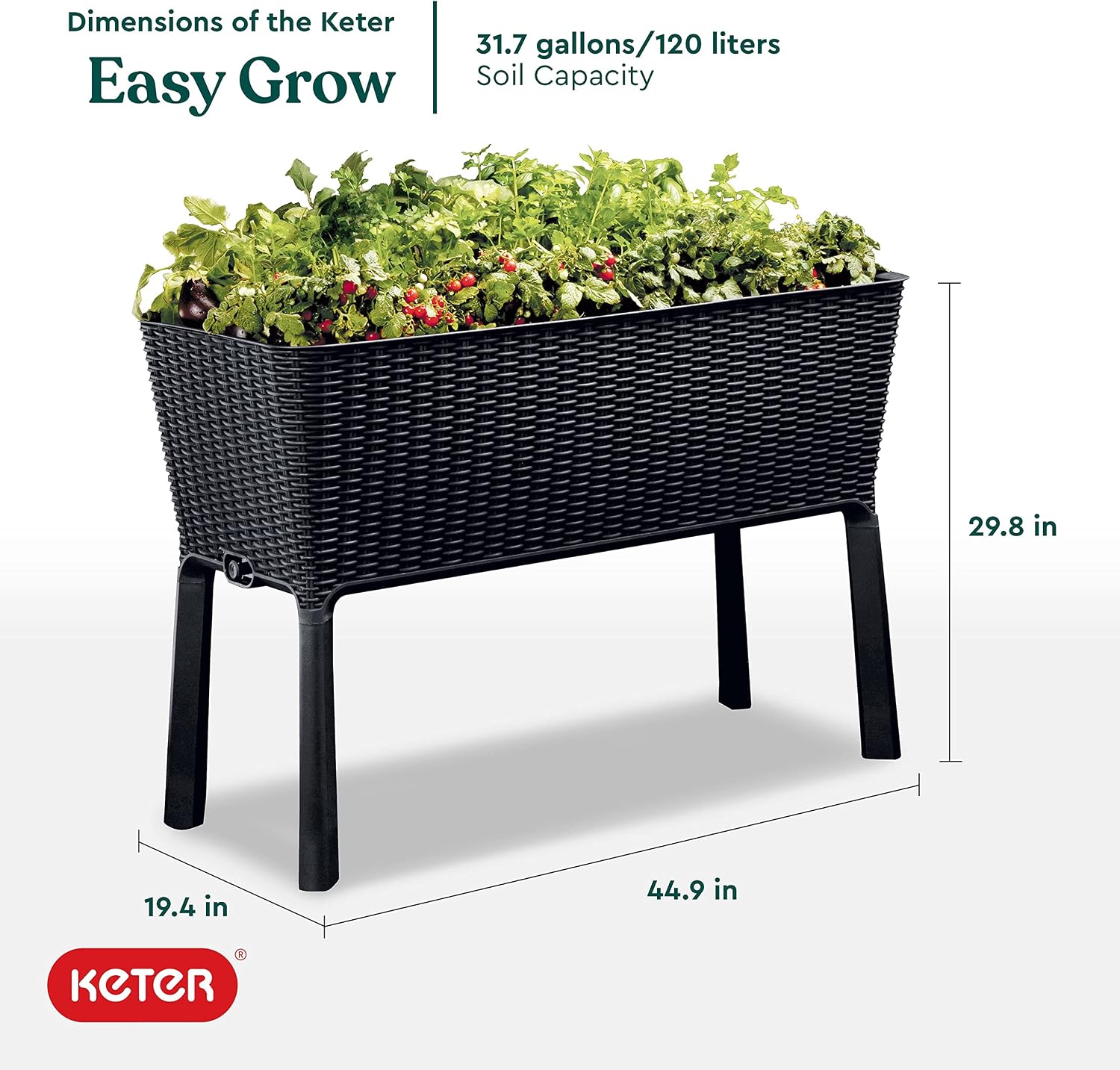 Keter Easy Grow 31.7 Gallon Raised Garden Bed with Self Watering Planter Box and Drainage Plug-Perfect for Growing Fresh Vegetables, Flowers and Herbs