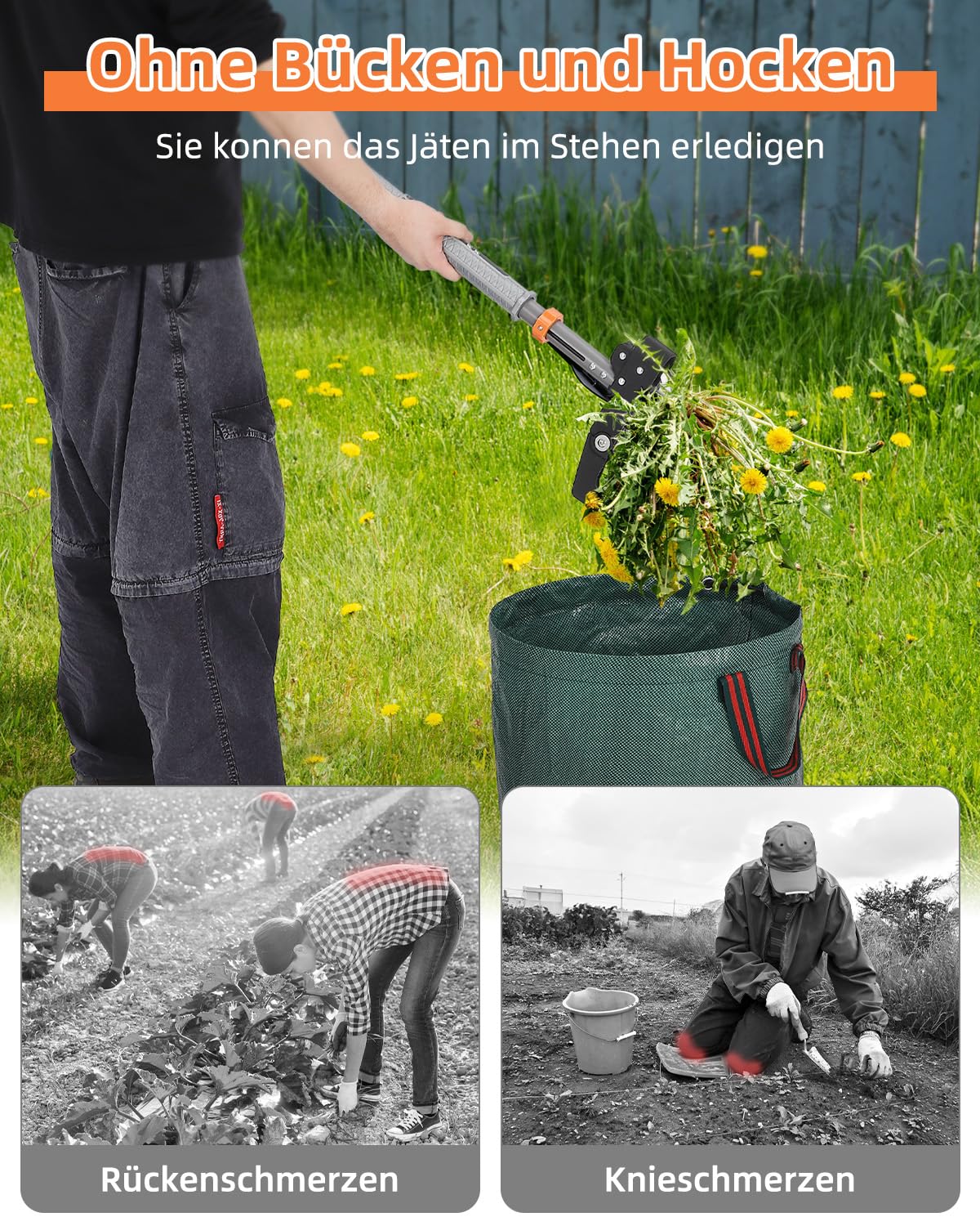 HAUSPROFI Extractor Malas Hierbas (Longitud de 91 cm a 117 cm), Bolsa de Jardinería de 50 litros, 4 Dientes de Rastrillo, Diseño de Retorno Automático, para el Mantenimiento del Césped