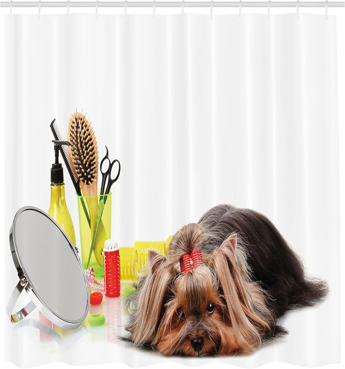 Ambesonne Dog Lover Shower Curtain, Yorkshire Terrier with Grooming Items Haircut Scissors Mirror Comb Print, Cloth Fabric Bathroom Decor Set with Hooks, 69" W x 75" L, Yellow White