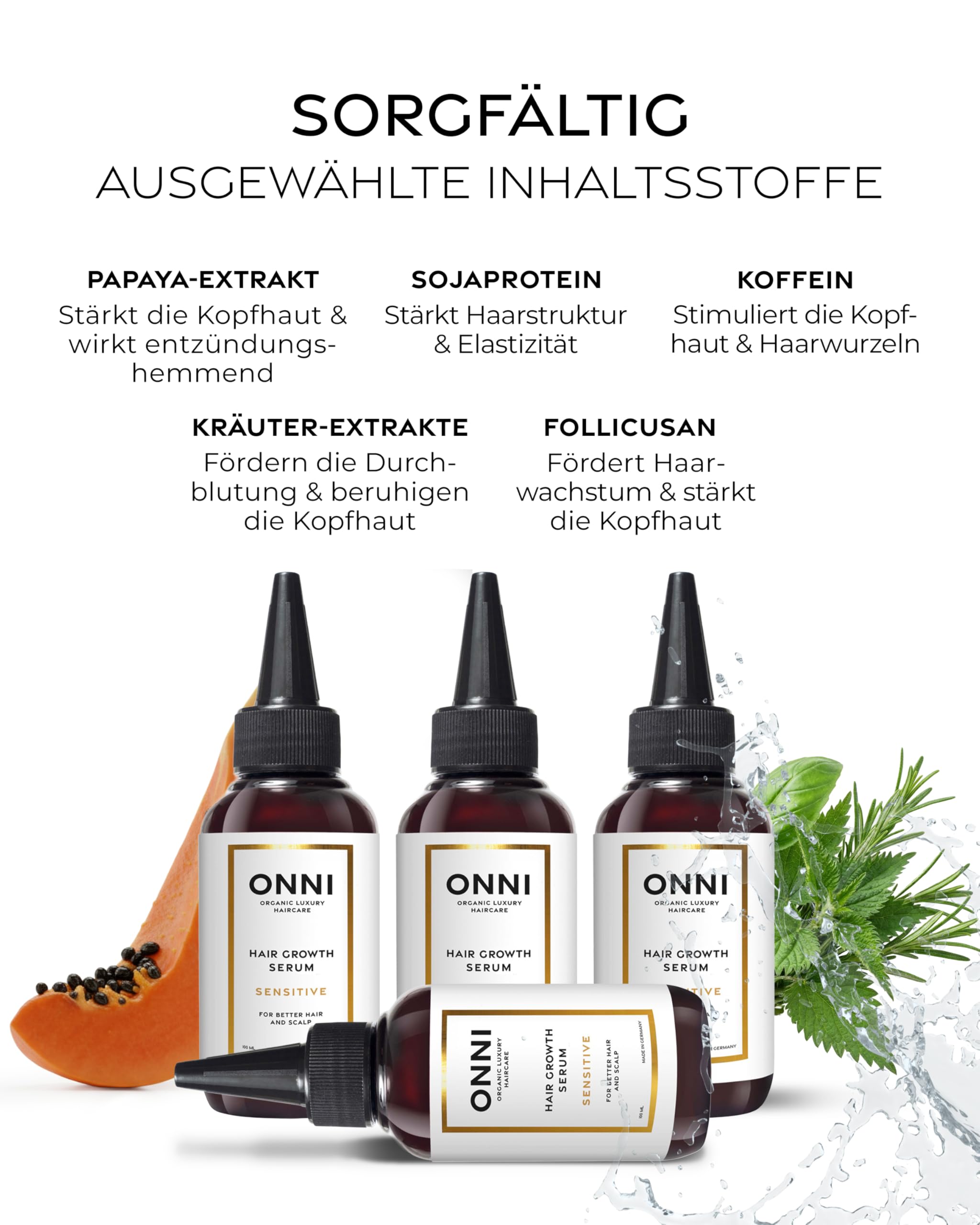 ONNI – SENSITIVE Haarserum Haarwachstum 100ml Reisegröße – Sanfte Haarpflege mit Follicusan & Koffein – Hair Growth Serum stärkt Haarstruktur & Haardichte – silikon-, paraben- & sulfatfrei