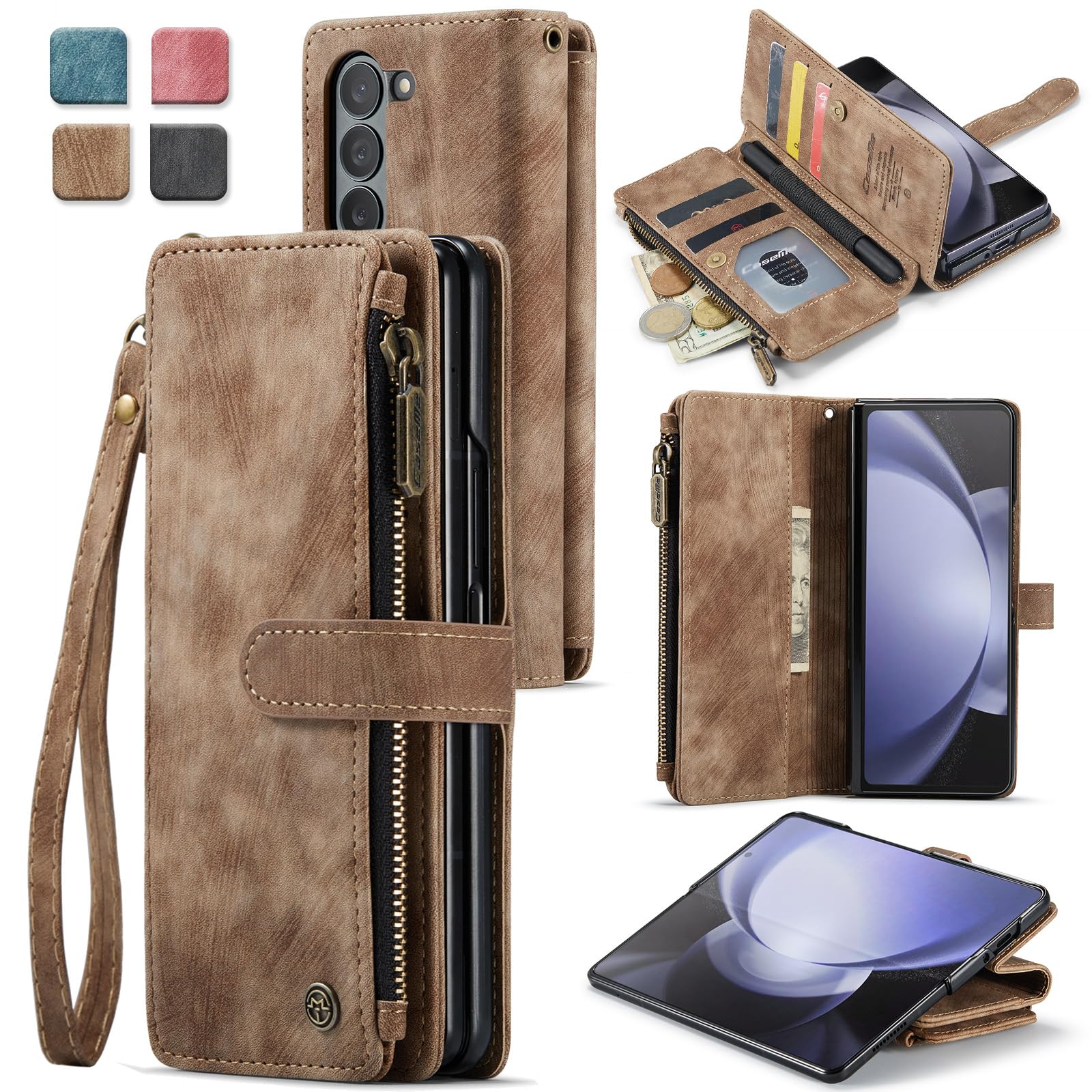 do Samsung Galaxy Z Fold 8 Ultra Wallet Case with 5 Card Holder Slots Magnetic Zipper Pocket Pouch Flip KicStand Durable Premium PU Leather with Strap Wristlet, S Pen Holder