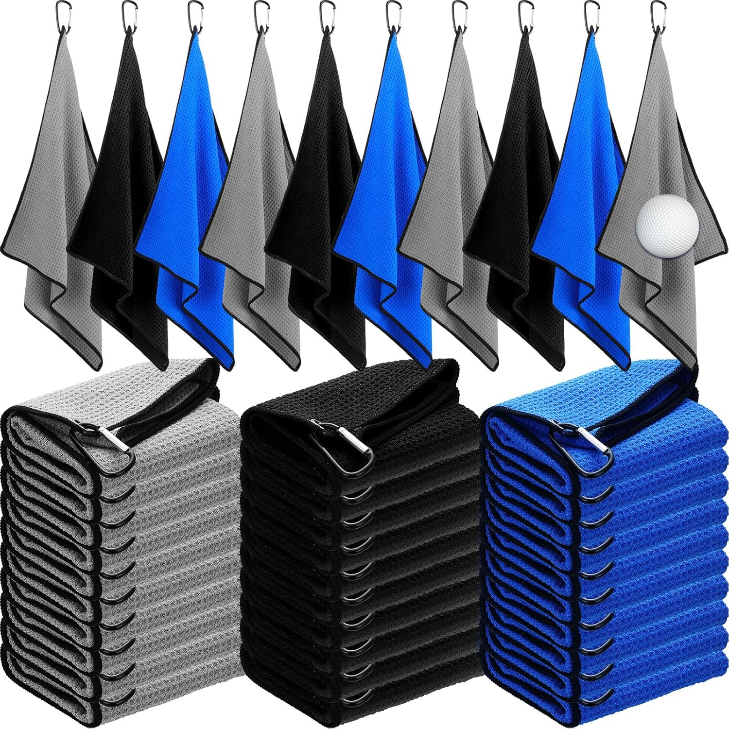 Batiyeer Golf Towels Bulk for Bags 16'' x 24'' Microfiber Waffle Pattern Golf Towels Trifold with Clip for Hiking,Tournament, Yoga