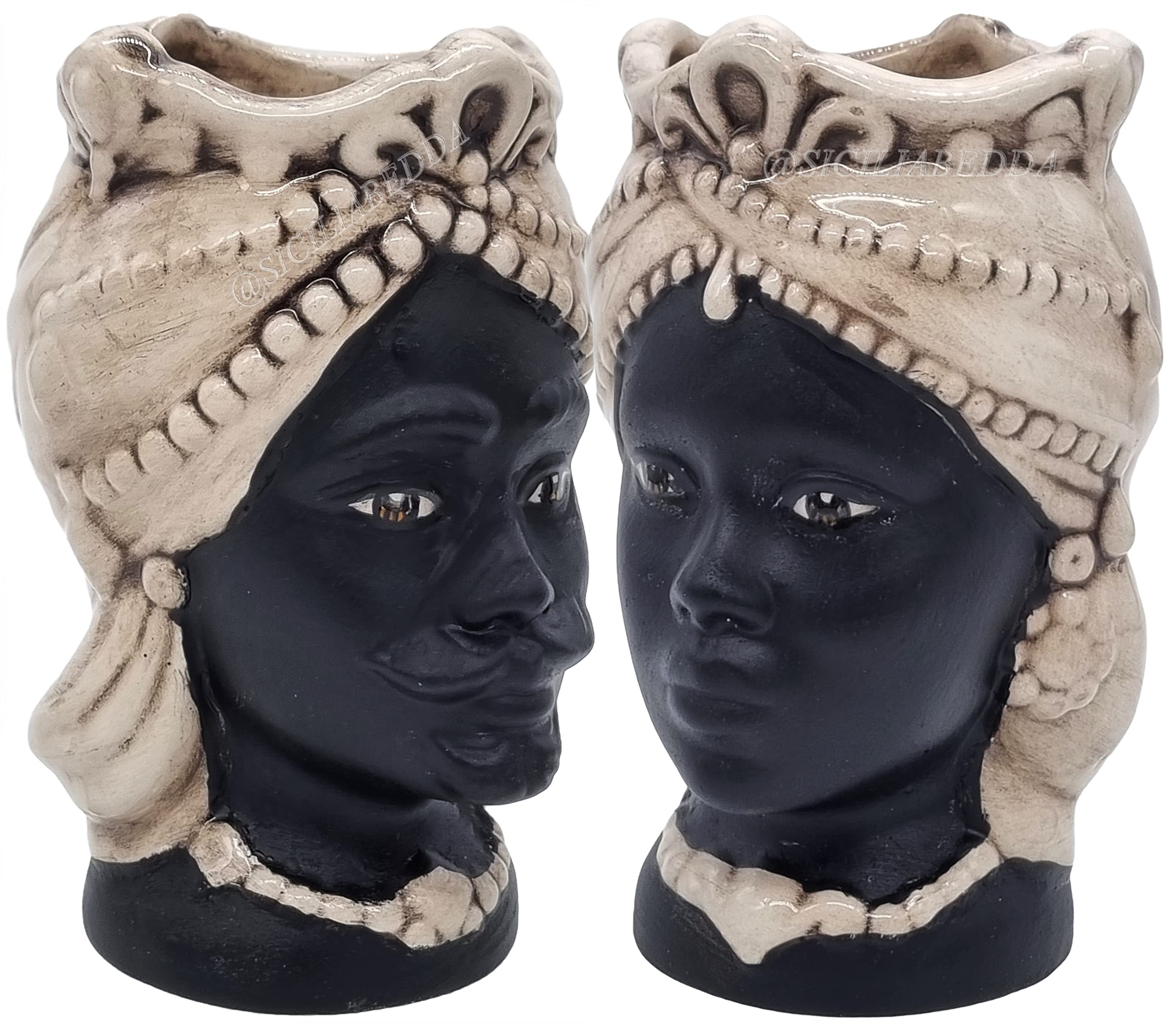 sicilia bedda - Teste di Moro Siciliane in Ceramica di Caltagirone - Volto Satinato/Stile Moderno - Altezza 15Centimetri (Coppia, Avorio)