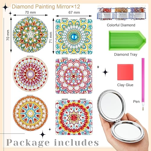 Miniatura 2 de 12 Pcs Mandala Makeup Diamond Painting Mirror DIY Pocket Mirror Compact Diamond Art Kits for Adults Portable Crystal Magnifying Folding Purse Mirror