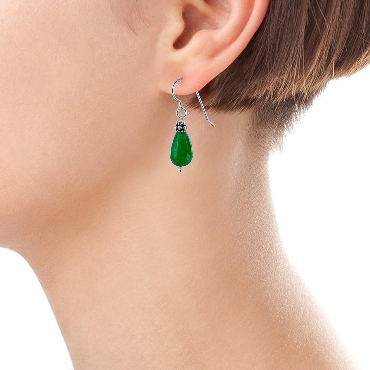 Emerald Green Jade Quartz Gemstone Sterling Silver Dangle Drop Green Earrings