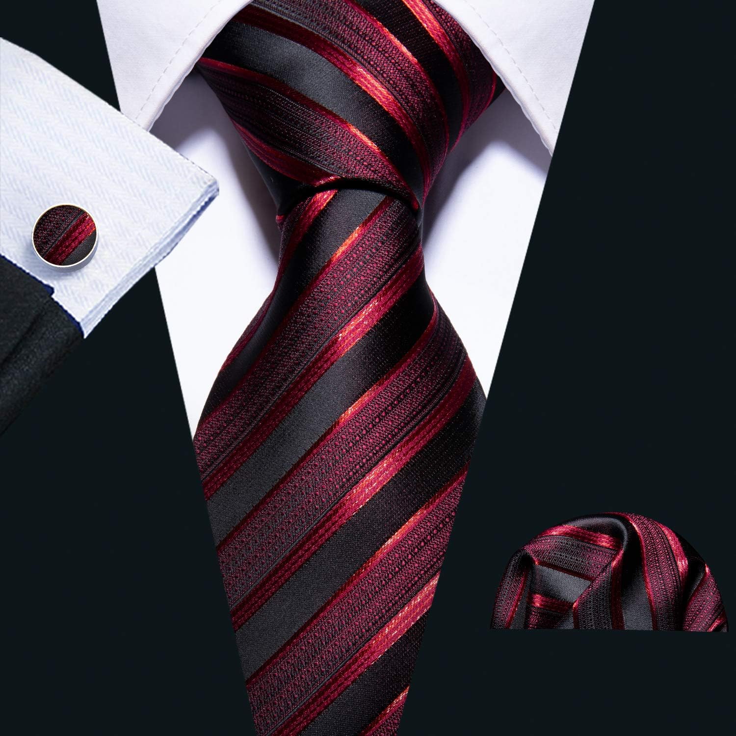 Barry.Wang Plaid Ties Check Mens Necktie Set with Handkerchief Cufflinks Classic Stripe - Image 3