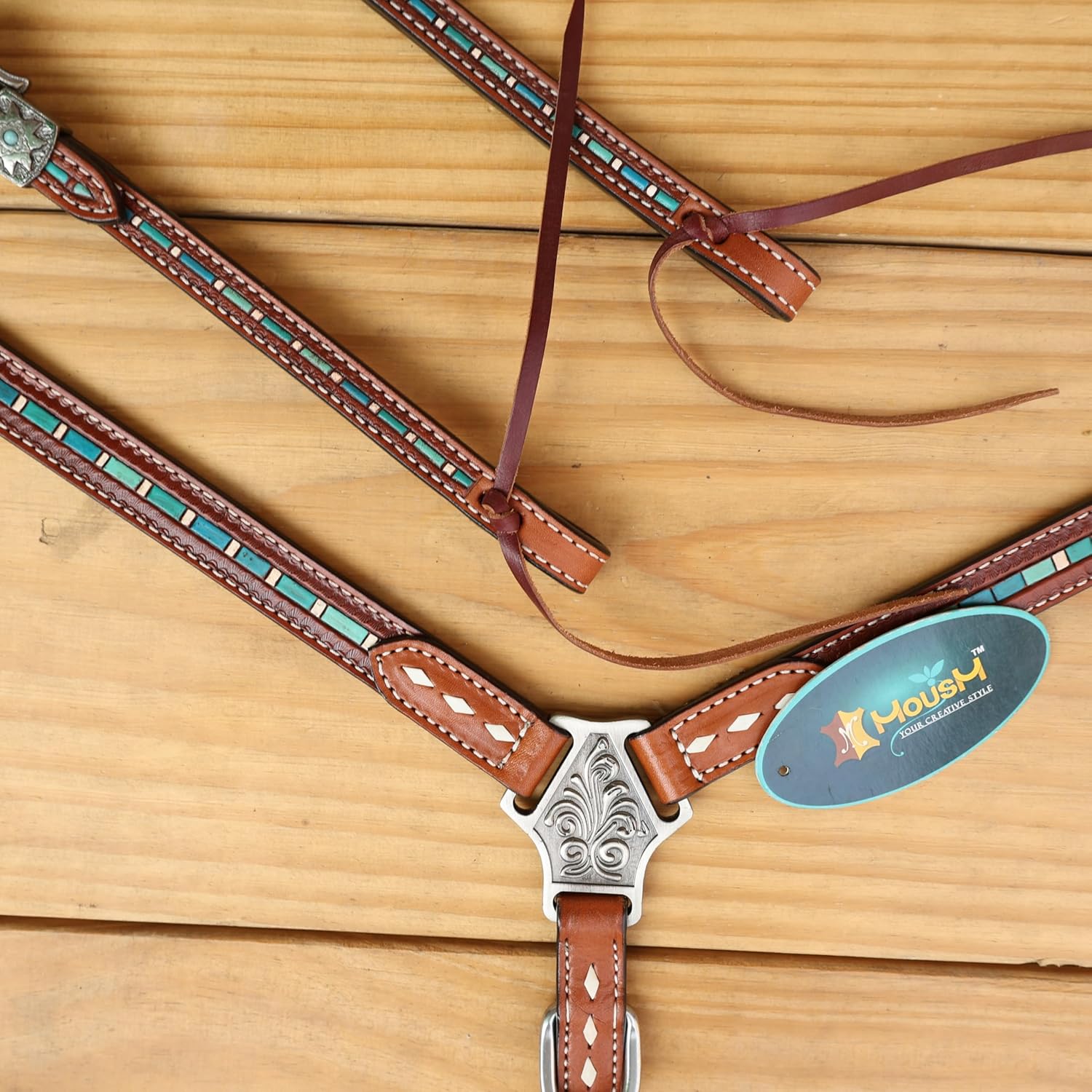Western Bridles for Horses - Hand-Striped Tooled Leather with Turquoise Coloring and Buck Stitching- Christmas Horse tack
