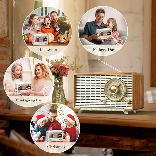 Miniatura 6 de YOWGUIF - Radio AM FM clásica retro de madera para mesa, altavoces Bluetooth, radios enchufables de pared con perilla giratoria, ideal para el hogar