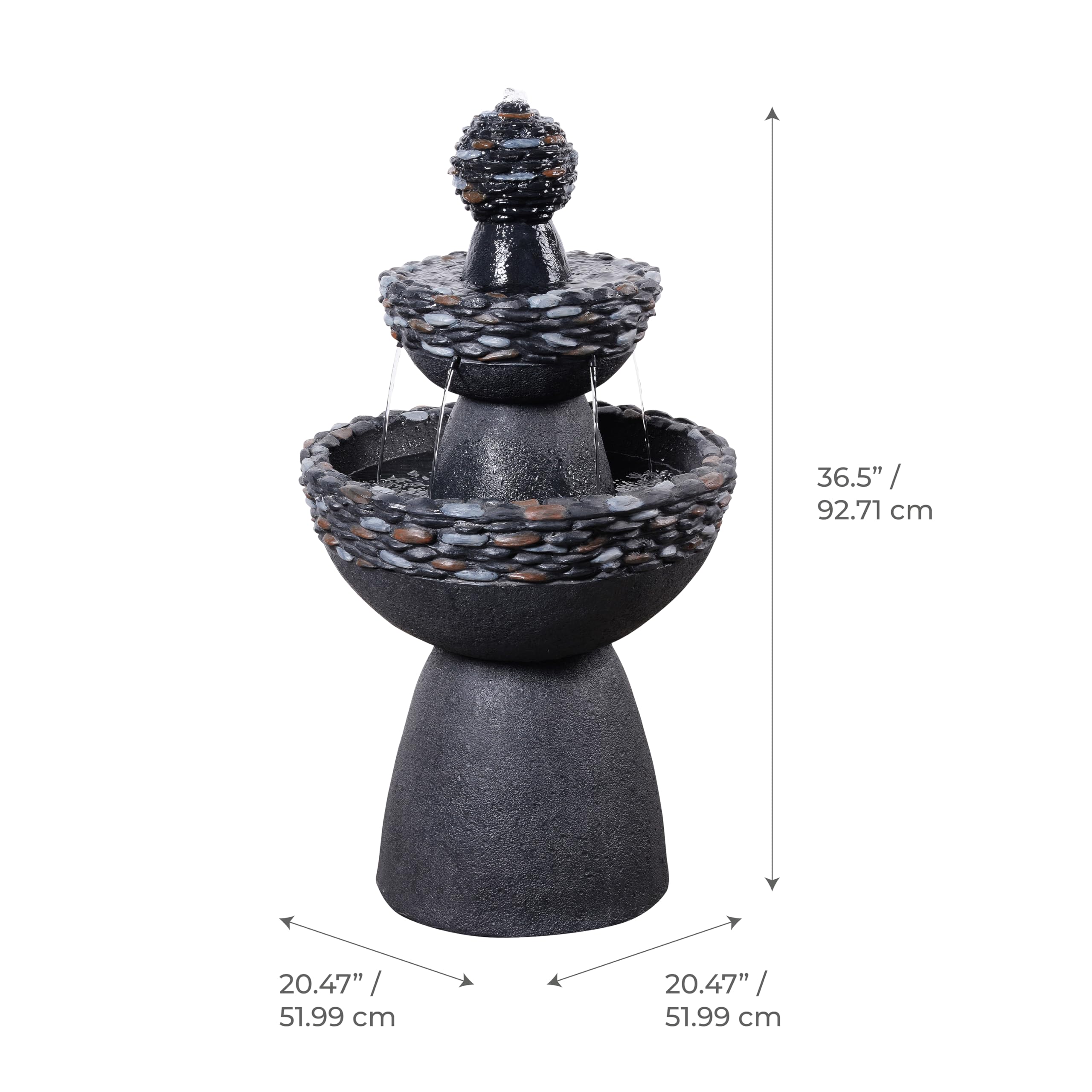 Teamson Home Garten Outdoor Brunnen Klassischer 3-stufiger Sockelbrunnen mit LED-Lichtern, Einstellbarer Fluss, dunkelgraues Steinoptik-Finish