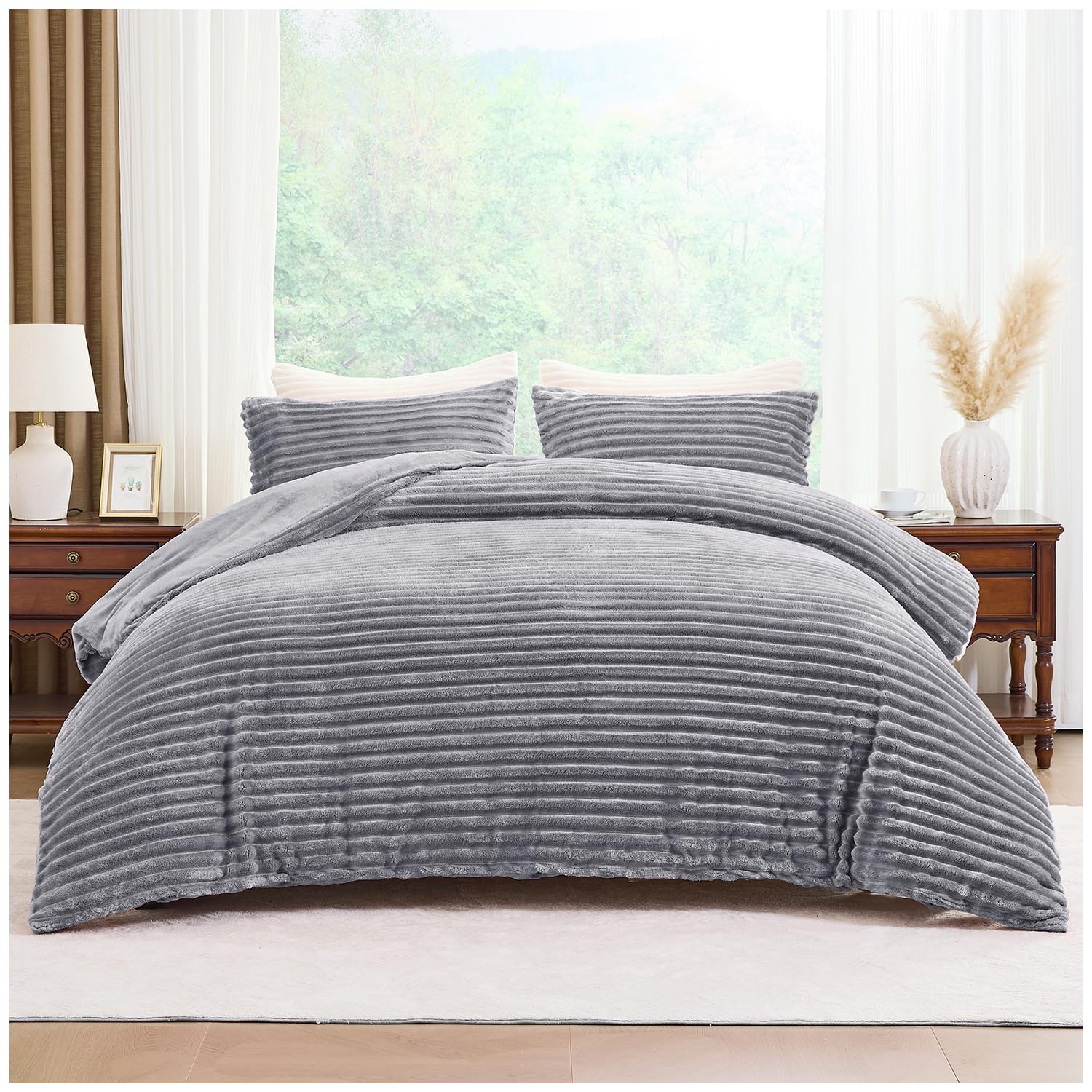 GC GAVENO CAVAILIA Ribbed Fleece Duvet Cover Single | Thermal Warm Polyester Grey Single Duvet Cover Set With Pillow Case | Washable Cozy Fluffy Quilt Cover Winter Bedding Set, 135x200 Cm