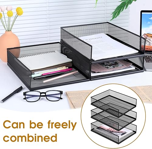 Miniatura 7 de 3 Pcs Black Metal Letter Tray, 3-Tier Stackable Paper Tray, Metal Mesh Desktop Organizer, Single Wire Mesh Organizer Front Load File Paper Holder,
