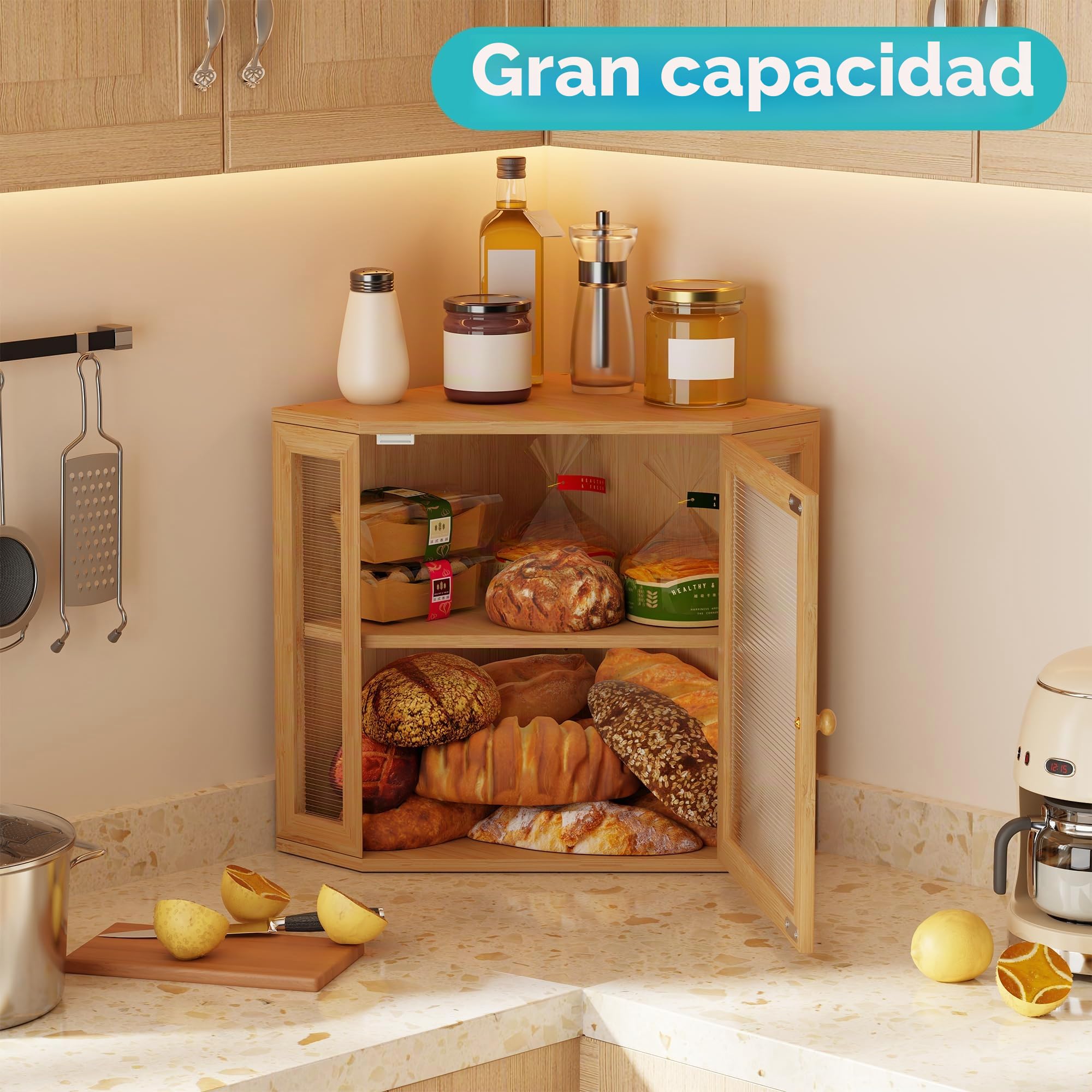BEWISHOME Caja Para Guardar Pan de Bambú de 2 Pisos | Panera con Puerta Acrílica Ondulada Bread Bin 30 x 30 x 35 cm