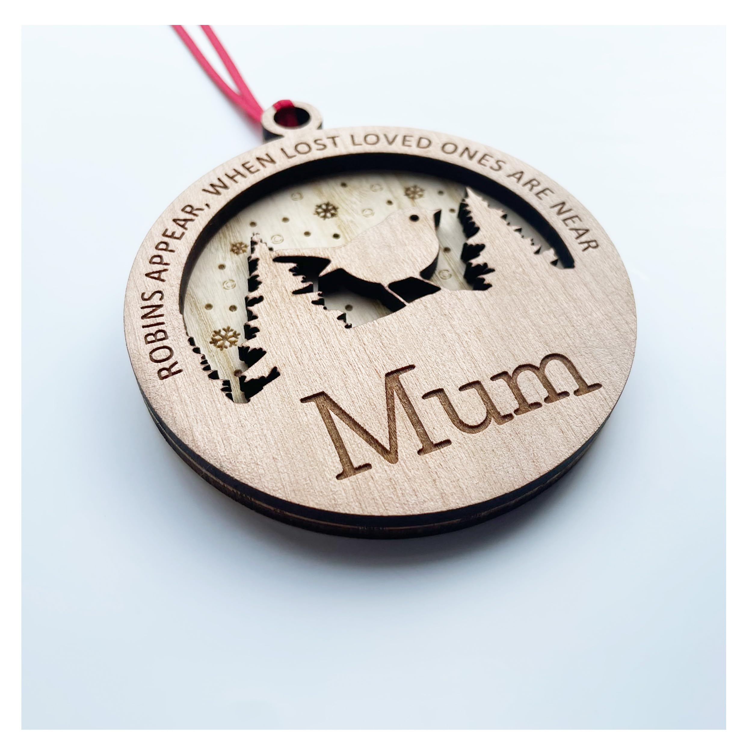 3D Double Layered Wooden Christmas Tree Baubles With Ribbon - Personalised (Robins Appear)