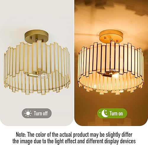 Miniatura 4 de Lámpara de techo dorada con forma de tambor, lámpara Tiffany moderna de montaje semiempotrado de 12.5 pulgadas con vidrio blanco, 3 luces redondas