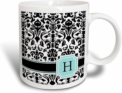 3dRose (mug_154357_5) Letra H personal monograma menta azul menta patrón de damasco blanco y negro - inicial elegante personalizada - Taza roja de