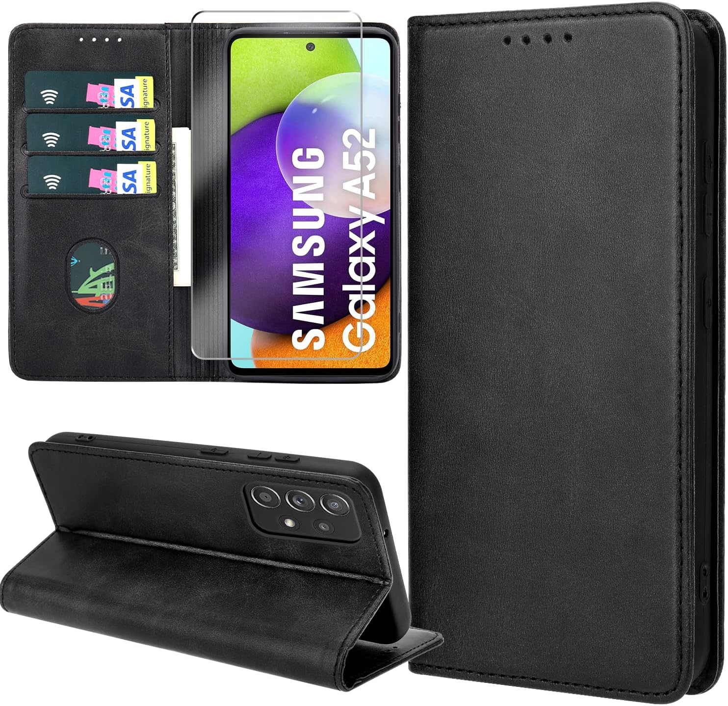 Housse Portefeuille Flip En Cuir PU Pour Samsung Galaxy A52 / A52S 5G - Avec Emplacements Cartes Et Fonction Stand - Bleu